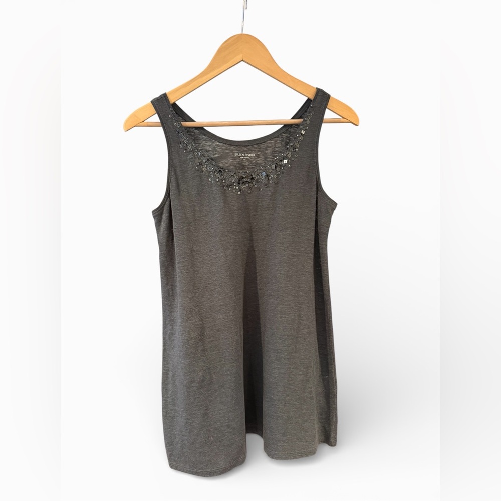 Eileen Fisher 100% Linen Charcoal Embellished Tank Top